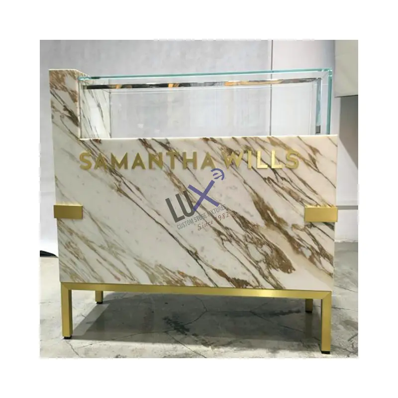 High End Quality LED Glass Jewellery Display Cabinet Gold Plating Marble Jewelry Display Counter Showcase
