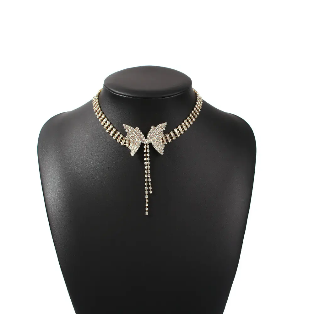 Super Fairy Temperament Full Diamond Bow Necklace Short Fashion Choker Necklace Women's Jewelry Hot