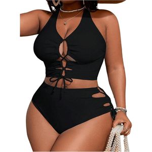 Conjunto de bikini personalizado para mujer, talla grande, con tiras cruzadas en la espalda, con cordones, control de abdomen, traje de baño de 2 piezas - Product Image 2
