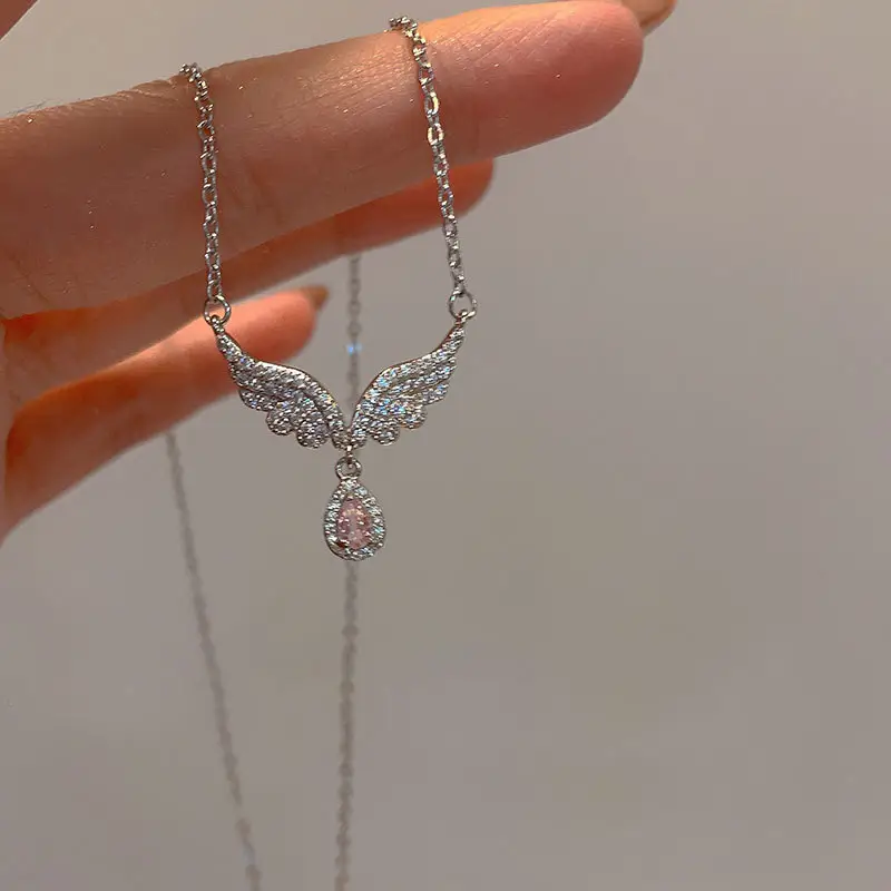 Angel Wings With Pink Diamond Pendant Necklaces Women Jewelry 925 Sterling Silver Necklace