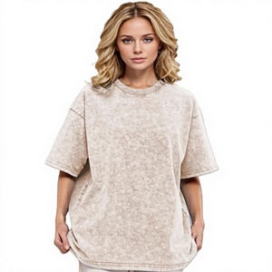 Camiseta de Algodón Lavado Oversize para Mujer, Cuello Redondo, Corte Holgado, Color Liso, Manga Corta, Transpirable, Tejido de Punto, Estilo para Todas las Estaciones - Product Image 1