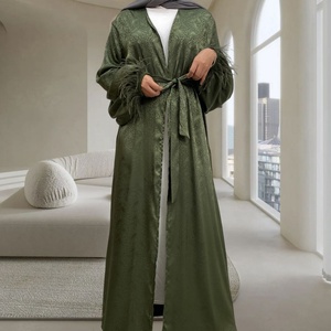 On Sale 9.9 Satin Material Pretty Pattern Loose Sleeves With Feather Cuff Elegant Cardigan Luxury New Muslim <b>Abaya</b> 1950# - Product Image 3