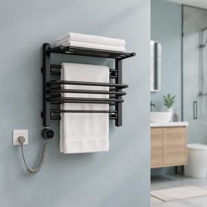 Sèche-serviettes électrique moderne en acier <span class=keywords><strong>noir</strong></span> <span class=keywords><strong>mat</strong></span> avec étagère de rangement supérieure et commande numérique pour salle de bain - Product Image 4