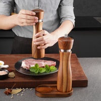 Moulin à épices de cuisine manuel réglable, 8 pouces, en acier inoxydable avec cœur en céramique, ensemble moulin à sel et poivre en bois d'acacia
