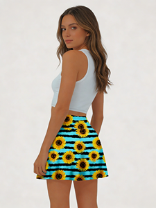 กระโปรงทรงเอเอวสูง - กระโปรงทรงบานลายดอกทานตะวันสีน้ำเงินและดำสำหรับฤดูร้อน - Product Image 5