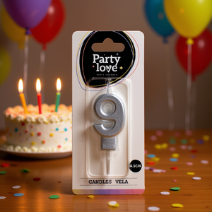Bougie d'anniversaire argentée numéro 9 Party Love 4,5 cm Vela - Product Image 3