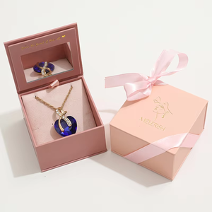 Luxury Soft Blush Pink Jewelry Gift <b>Box</b> Set Built In <b>Mirror</b> Flip Closure Satin Ribbon Bow With Matching Hand Bag Necklace - Product Image 4
