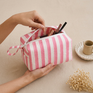 Reusable Eco Friendly Cotton Quilted Bold Striped Makeup <b>Bag</b> Cosmetic Pouch Travel <b>Toiletry</b> Organizer Custom Logo Wholesale - Product Image 1