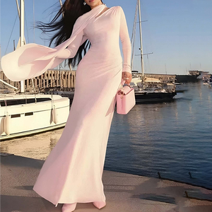 Vestido Maxi Casual de Mujer al por Mayor con Cuello Chal, Diseño Sólido Asimétrico, Manga Larga Ahuecada y Cintura Alta - Product Image 1