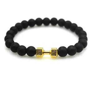 AA01575 Natural Black Volcanic Lava Stone Dumbell Bracelet Black Beads Bracelets For Women Men Fitness Barbell Jewelry