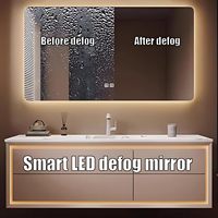 Meuble-lavabo mural blanc crème à quatre tiroirs avec vasque intégrée sans joint, miroir LED intelligent anti-buée et armoire