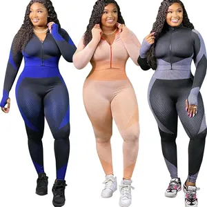 WomenのWorkout Long Sleeve Zipped Top Seamless High Waist Yoga Fitness Gym Wear Plus Size Two Pieces Sets Tracksuit