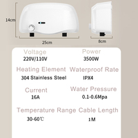 Chauffe-eau électrique instantané automatique compact avec boîtier en plastique, fonctionnement en anglais, classe d'efficacité énergétique pour cuisine et salle de bain