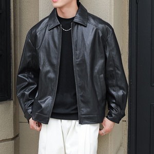 Blouson classique à revers en similicuir pour homme, tissu de base en mélange de viscose enduit de PU avec fibres métalliques et doublure en polyester - Product Image 4