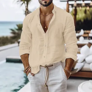 Camicia in Cotone e <span class=keywords><strong>Lino</strong></span> da Uomo, Stile Estivo da Spiaggia, Tinta Unita, Monopetto, Traspirante, Leggera ed Elegante con Bottoni - Product Image 3