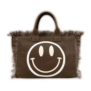 bolsa de lona bolso de mano Suppliers-Bolso de lona con flecos y estampado de cara sonriente para mujer, bolsa de compras informal con cremallera única, 2021