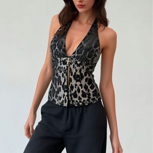 Top Corto Halter con Estampado de Leopardo y Lentejuelas para Mujer, Sexy, Sin Mangas, con Lazo en la Espalda, para Fiestas, Club, Citas Nocturnas, Salidas - Product Image 3