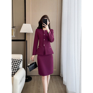 Women's Raspberry-colored <b>Blazer</b> Skirt <b>Set</b> Midi Length Anti-Wrinkle Office Lady Suit Daily Commute Interview Style - Product Image 3