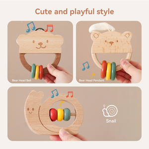 Nouvel ensemble <span class=keywords><strong>de</strong></span> hochets musicaux en bois pour nouveau-nés, jouet sensoriel Montessori en forme d'ours, avec cymbale, <span class=keywords><strong>escargot</strong></span>, perles roulantes et sangle <span class=keywords><strong>de</strong></span> suspension, en bois naturel - Product Image 3