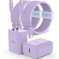 Bloc de charge USB-C super rapide 45W avec câble extra long de 10 pieds pour téléphone 17/16 Pro Max/Plus/15 Series - Violet