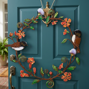 Couronne rustique artisanale en métal avec oiseaux et fleurs, couronnes décoratives pour usage extérieur - Product Image 1