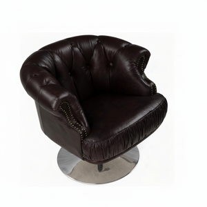 Fauteuil pivotant Chesterfield en cuir de baril - Cuir véritable de luxe, design vintage pour chambre à coucher, appartement, extérieur, hôtel - Product Image 1