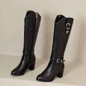 Big Size 52 Chunky Heels Belt Metal Buckles Shoes Women V-shaped Top Knee High Boots Side Zipper Wide Fit Long <b>Booties</b> - Product Image 5