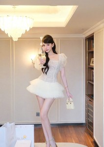 FLOWER LACE DRESS MESH LAYER Vintage <b>Party</b> <b>Sweet</b> Tight Waist Mini Length 100% Polyester Ruffle Sleeve Embroidered Organza - Product Image 4
