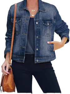 Chaqueta Vaquera para Mujer, Manga Larga, Cierre de Botones, Color Sólido, Estilo Casual, Algodón Lavado, Estilo Otoñal - Product Image 2