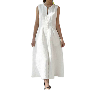 Robe longue vintage douce pour femme, col en V, ceinture à la taille, en velours côtelé, coton et lin, sans manches, respirante, lavable, avec fente à l'ourlet - Product Image 1