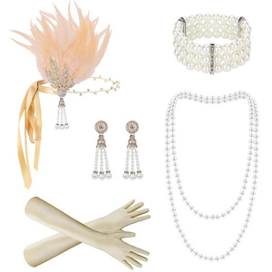 Kit d'accessoires vintage années 1920 pour Charleston : Coiffe en plumes couleur champagne, bijoux en perles, longs gants – Ensemble pour fête Gatsby et cosplay - Product Image 1