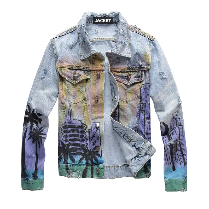 423 China Supplier Breathable custom Casual 100% Cotton Fabric Autumn And Winter Printed Men Denim Jacket