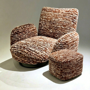 Sillón Moderno Giratorio con Reposapiés, Tapizado en Terciopelo Marrón a Rayas, para Sala de Estar, Dormitorio u Hotel - Product Image 1