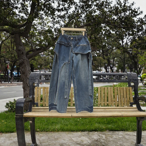 Jean cargo bleu à jambes larges, taille haute, en denim, décontracté, streetwear, pour femmes - Product Image 3
