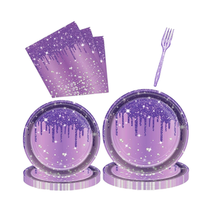 ชุดจานกระดาษสีม่วงเงิน DAMAI พร้อมผ้าเช็ดปาก อุปกรณ์จัดงานเลี้ยงแบบใช้แล้วทิ้ง ของตกแต่งงานเลี้ยงวันเกิด ของชำร่วย - Product Image 1