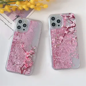 Funda para teléfono móvil Pink <span class=keywords><strong>Peach</strong></span> Blossom Quicksand para iPhone 16 15 14 12 Pro Max Love Hearts Sparkles Liquid <span class=keywords><strong>Cover</strong></span> Flower Design - Product Image 1