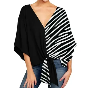 Unique Custom Black and Zebra-stripe Style Women's Kimono Elbow-Length Sleeve Blouse Tops Sexy V-Neck Front Knot Chiffon Tunic