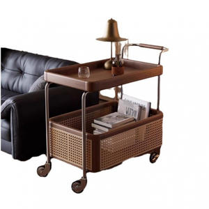 Chariot de service en bois massif avec panneau en rotin, chariot de rangement à structure en acier inoxydable pour salon, utilisation comme table basse - Product Image 5