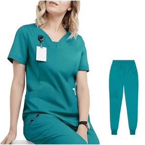 Dental Hospital Scrub Uniform Set Women Short Sleeve Oxford Fabric Medical Staff Workwear Blue Split Set With Label - Product Image 5