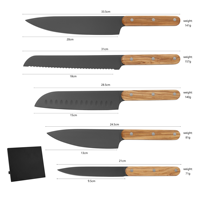 Ensemble de couteaux de cuisine Garwin 6 pièces en acier inoxydable, lame revêtue de titane, manche ergonomique en bois d'olivier avec support en bois pour la cuisine