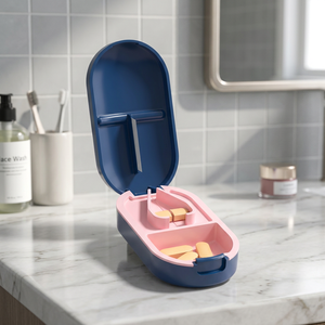 Boîte de rangement portable pour pilules avec coupe-pilules, bleu rose, double compartiment pour l'organisation quotidienne des médicaments - Product Image 4