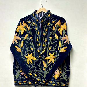 Ethnic Navy Blue <b>Velvet</b> Suzani Embroidered <b>Jacket</b> with Floral Pattern Full Sleeve Stand Collar Bohemian Women's Winter Outerwear - Product Image 1