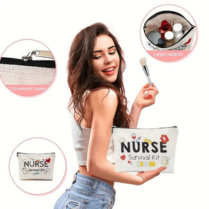 Bolsa de Maquillaje Personalizada con Cremallera, Diseño de Medicamentos, Lona de Lino, Patrón de Letras, Bolsa de Viaje para Cosméticos y Artículos de Aseo - Product Image 4