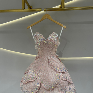 Vestido de Fiesta Rosa de Lujo JFH82 2026 con Apliques de Cuentas Pesadas, Pétalos de Flores, Mini Vestido de Gala de Gasa con Borlas de Cristal y Cintura Natural - Product Image 3