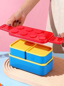 2025 New Arrival Cute Lunch 1300Ml <b>Fold</b>-Up Plastic <b>Storage</b> 3 in 1 Funny Blocks Bento <b>Box</b> for Kids School Custom Logo - Product Image 3