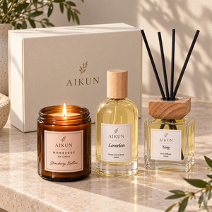Set de Regalo de Fragancia para el Hogar Aikun en Caja de Madera con Botella de Ámbar, Difusor de Varillas, Vela y Spray Ambiental para Regalos Empresariales - Product Image 3