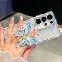 Funda de Lujo IMD con Diamantes para Samsung S26 S25 Ultra Plus S24 S23 A07 A17 A16 A26 A36 A56 A15 A35 A55 5G, con Soporte de Mariposa