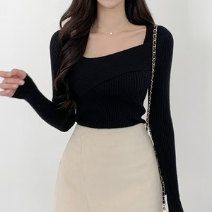Superventas Top de ganchillo elegante ajustado para mujer Cuello irregular Prendas de punto de color sólido Diseño antiarrugas-Directo de fábrica - Product Image 3