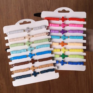Cross Bracelet <b>Set</b> 8 Pieces Solid Color Polymer <b>Clay</b> Elastic Bohemian Style Women's Jewelry Gift - Product Image 1