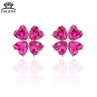 EMEJEWE 925 Sterling Silber Herzförmige 4x4MM Saphir Vierblättriges Kleeblatt Ohrstecker Trendige Rhodium-Plattierte Unisex Alltags-Ohrringe